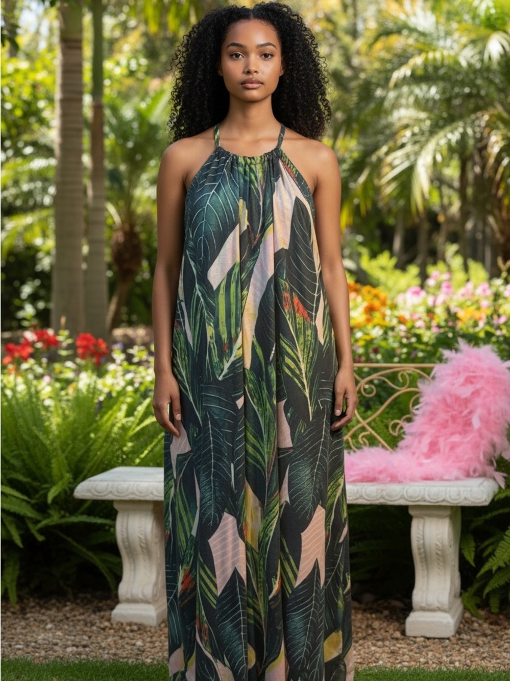 Tropical Halter Maxi Dress in Green Leaf Print